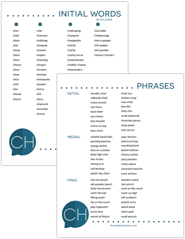 260+ CH Words, Phrases, Sentences, & Paragraphs Grouped by Place & Syllable
